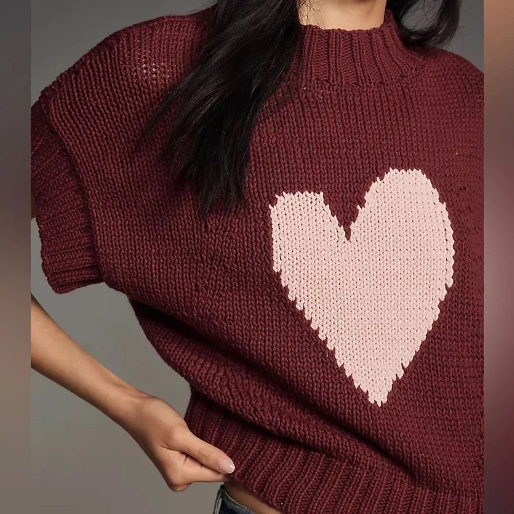 NWOT Flawed Anthropologie Maeve Burgundy Heart Short Sleeve Sweater Size XS